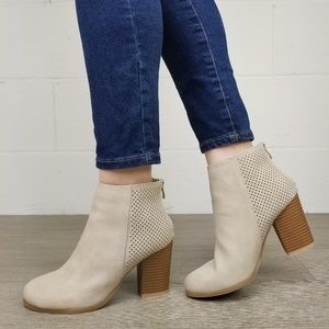 Beige Perforated Design Heel Ankle Booties -L